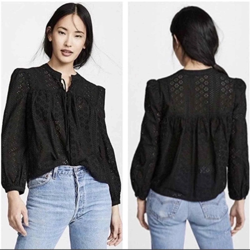MADEWELL DOUBLE-TIE PEASANT TOP, TRUE BLACK EYELET size MEDIUM LIKE NEW